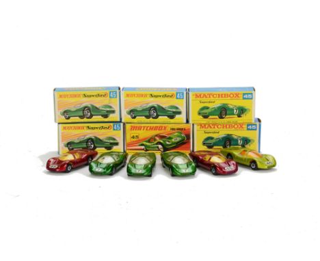 Matchbox Superfast MB-45A Ford Group 6, six examples, variations include metallic green body, unpainted base, “7” label, clea