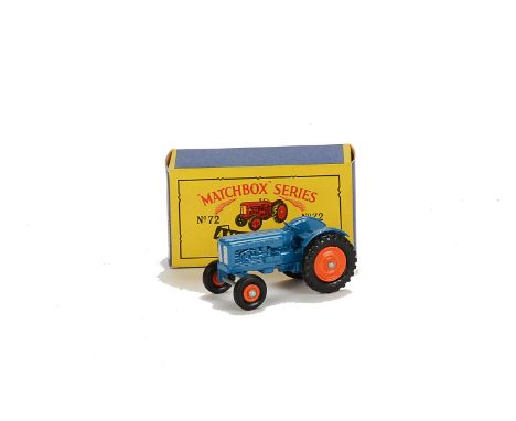 Matchbox Lesney 1-75 Series MB-72a Fordson Major Tractor, blue body, orange hubs, black tyres, in type B box, E, box E