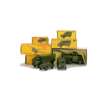 Dinky Supertoys 661 Recovery Tractor, 626 Military Ambulance, 621 3-Ton Army Wagon, 692 5.5 Medium Gun, 673 Scout Car, 641 Ar