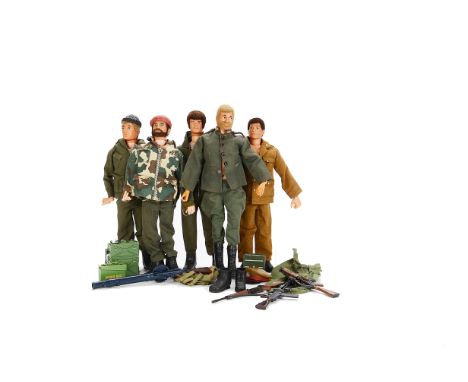 1970s Military Themed Palitoy Action Men, five figures, two with eagle eyes, including No.34124 Parachute Regiment, No.940342