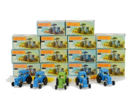 Matchbox Superfast MB-46C Ford Tractor, fourteen examples, twelve blue body, unpainted base, light yellow interior, yellow ha