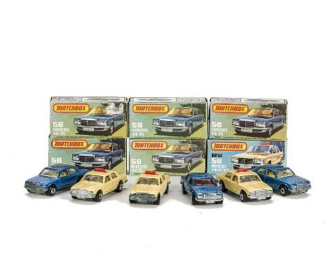 Matchbox Superfast MB-56C Mercedes 450SEL, six examples, variations include metallic blue body, red interior, unpainted base,