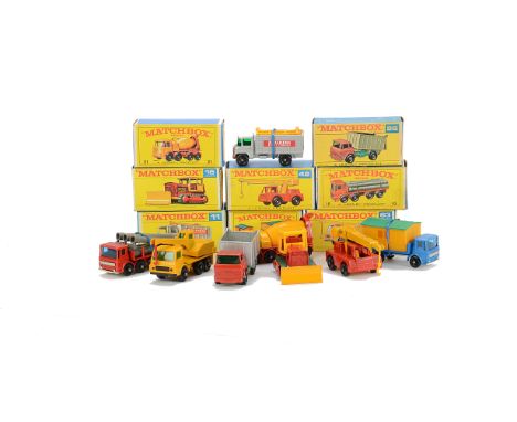 Late Issue Matchbox Lesney 1-75 Series Construction Vehicles, 21d Foden Concrete Truck, 26c GMC Tipper Truck, 16d Case Bulldo