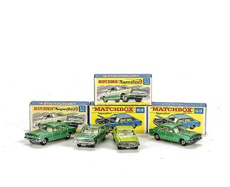 Matchbox Superfast MB-53A Ford Zodiac, four examples, variations include lime green body, unpainted base, wide wheels, second