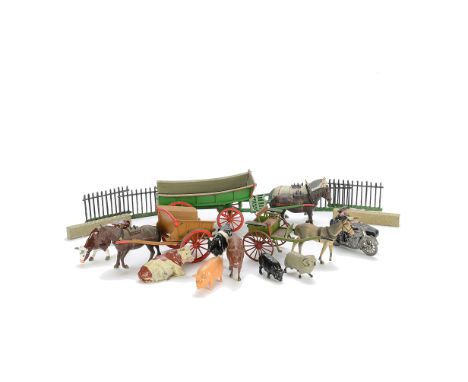 Lot of mainly Britains lead farm accessories including farmers gig, tumbrel and 4 wheel wagon, garden wall, repainted flint w