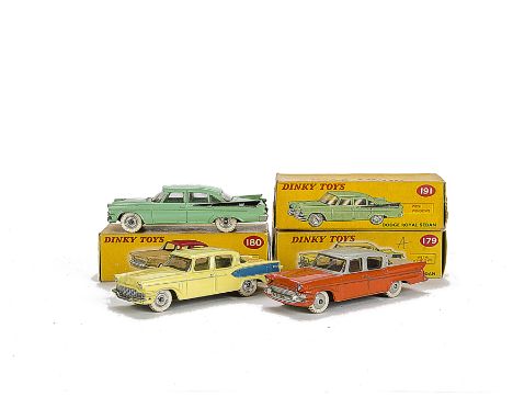 Dinky Toys American Cars, 191 Dodge Royal Sedan, pale green body, black flash, spun hubs, 180 Packard Clipper Sedan, orange l