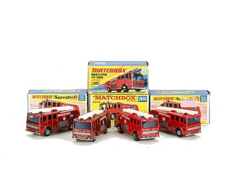 Matchbox Superfast MB-35A Merryweather Fire Engine, four examples, variations include metallic red body, light grey base, 2 c