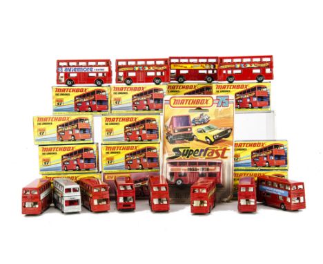 Matchbox Superfast MB-17B London Bus, thirteen examples, liveries include Army & Navy, Aviemore Centre, Grand Transport Extra