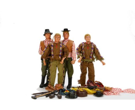 1970s ‘Wild West’ themed 1970s Palitoy Action Men, four figures, three with eagle eyes, together with 34401 Indian Brave Outf