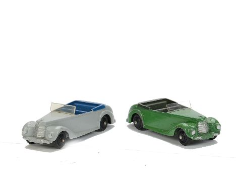 Dinky Toys 38e Armstrong Siddeley Coupe, two examples, first light grey body, dark blue seats, black ridged hubs, silver edge