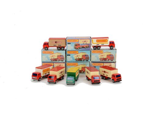 Matchbox Superfast MB-42C Mercedes Container Truck, seven examples, variations include green body, blue windows, green “Mayfl