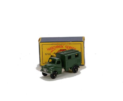 Matchbox Lesney 1-75 Series MB-68a Army Wireless Truck, olive green body, silver trim, BPW, in type C box with 2nd type model