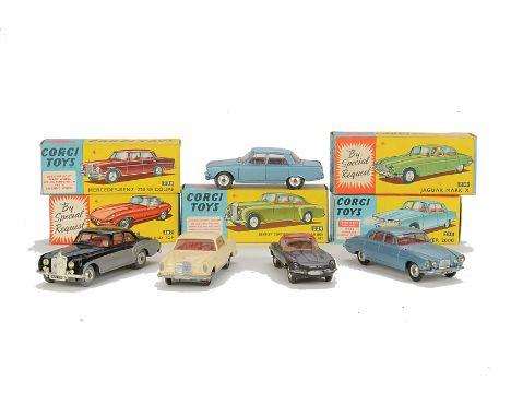 Corgi Toys British Cars, 252 Rover 2000, 224 Bentley Continental Sports Saloon, 230 Mercedes-Benz 220 SE Coupe, cream body, 2