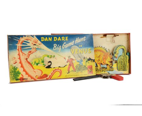 Chad Valley Dan Dare Big Game Hunt on Venus Game, comprising Big Game shooting stand, wood and metal elastic band firing gun 