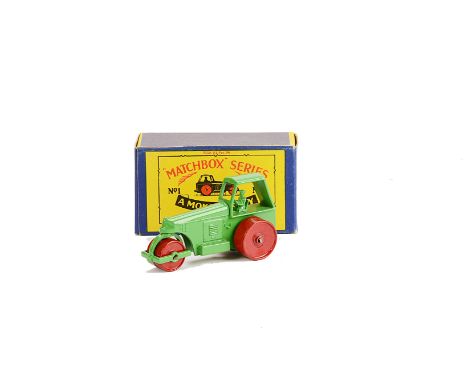 Matchbox Lesney 1-75 Series MB-1c Diesel Road Roller, light green body and driver, red MW, 62mm, in type B box, E, box VG-E