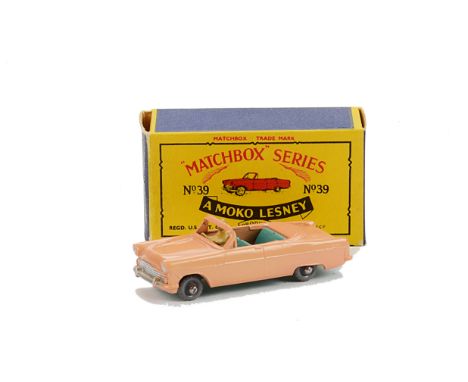 Matchbox Lesney 1-75 Series MB-39a Ford Zodiac Convertible, pale peach body, light green base and interior, GPW, in type B bo
