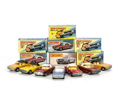 Matchbox Superfast MB-6B Mercedes Tourer, seven examples, variations include yellow body, black roof, unpainted base, second 