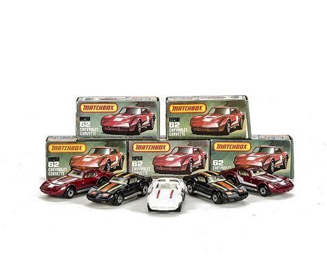 Matchbox Superfast MB-62D Chevrolet Corvette, five examples, variations include black body, orange/yellow tempa, unpainted ba