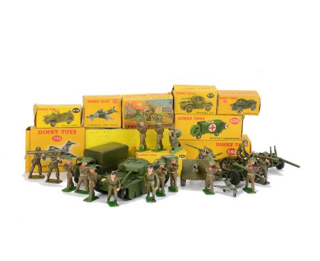Dinky Military Vehicles, Benbros Despatch Rider and Britains WWII Figures, Dinky 651 Tank, 692 5.5 Gun, 626 Ambulance, 673 Sc