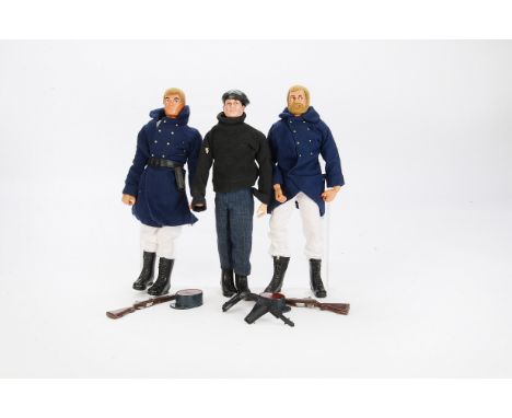 Soldiers of the Century Themed Palitoy Action Men, three figures, two with eagle eyes, including 1960s French Resistance Figh