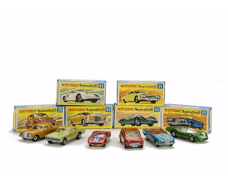 Early Matchbox Superfast, No.45 Ford Group 6, dark metallic green, pink base, No.41 Ford GT, metallic red body, light yellow 