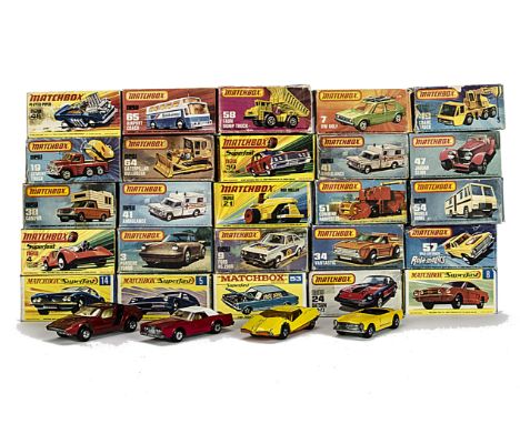 50+ Boxed Matchbox Superfast, including MB-8 Ford Mustang, MB-14 Iso Grifo, MB-53 Ford Zodiac, MB-21 Rod Roller, MB-41 Ambula