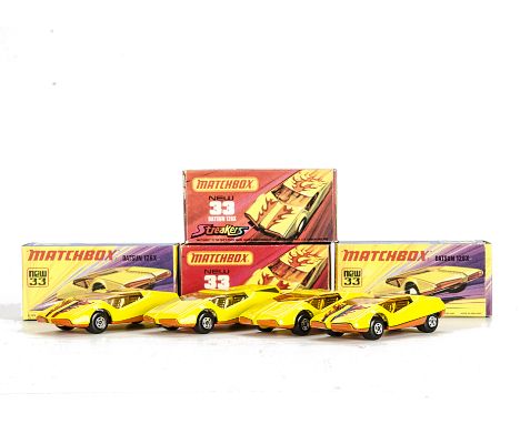 Matchbox Superfast MB-33B Datsun 126X, four examples, variations include yellow body, amber glass, no ribs on base, second ye
