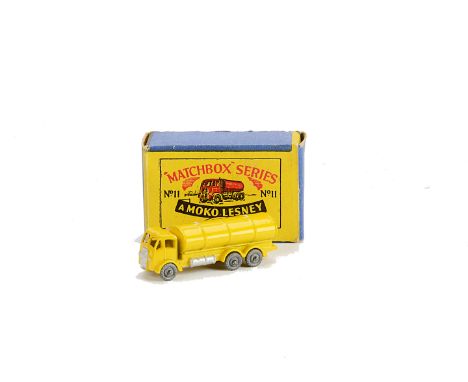 Matchbox Lesney 1-75 Series MB-11a ERF Road Tanker, light yellow body, silver trim, MW, in type B box, E, box G