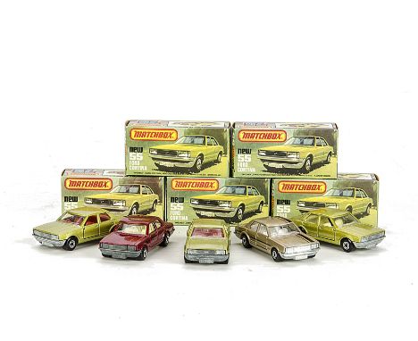 Matchbox Superfast MB-55D Ford Cortina, five examples, variations include metallic red body, light yellow interior, unpainted