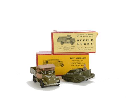 Britains post WW2 boxed vehicles, 1512 Army Ambulance VG in G box, 1877 Beetle Lorry, F in G box, loose Bren Gun carrier with