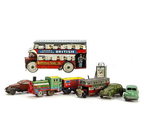 Wells Brimtoy tinplate Buses and other clockwork Vehicles, Wells of London National Service Double Deck Bus and PocketToy Dou