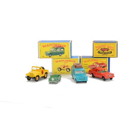 Matchbox Lesney 1-75 Series Jeeps & Land Rovers, 12a Land Rover, 12c Land Rover Safari, blue body, 72b Standard Jeep CJ5, 71b