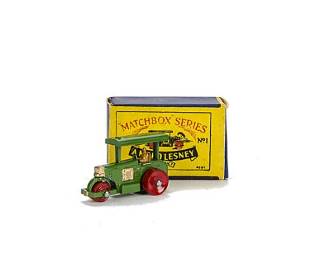 Matchbox Lesney 1-75 Series MB-1a Diesel Road Roller, dark green body, red MW, gold trim, 49mm, in type B box, E, box VG