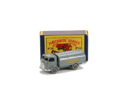 Matchbox Lesney 1-75 Series MB-38a Karrier Refuse Truck, dark grey body, no decal casting lines, MW, in type B box, E, box VG