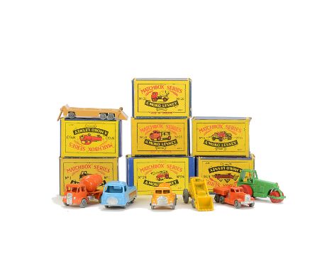 Matchbox Lesney 1-75 Series Construction Vehicles, 26a ERF Cement Mixer, MW, 60a Morris J2 Pick-Up, GPW, 28a Bedford Compress