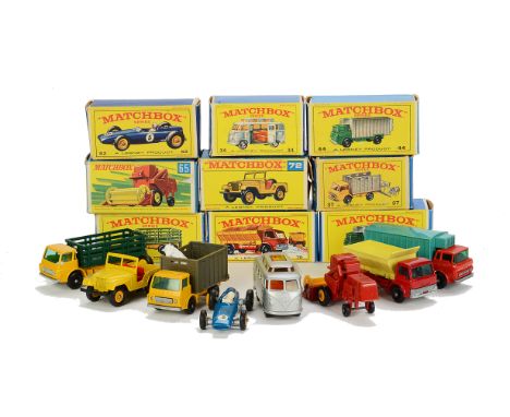 Late Issue Matchbox 1-75 Series, 34c Volkswagen Camper, 70b Ford Grit Spreader, 44c GMC Truck (2), 4d Dodge Stake Truck, 72b 