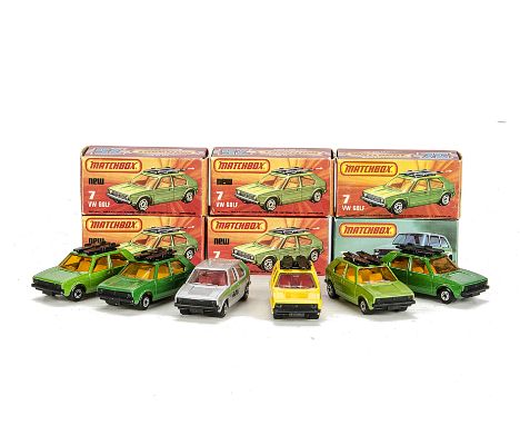 Matchbox Superfast MB-7C VW Golf, six examples, variations include yellow body, red interior, dark grey base, second metallic