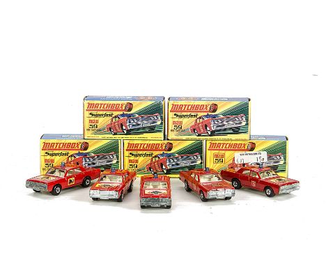 Matchbox Superfast MB-59B Mercury Fire Chief, five examples, variations include red body, helmet & axes hood label, shield si