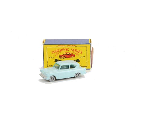 Matchbox Lesney 1-75 Series MB-7b Ford Anglia, light blue body, SPW, in type C box, E, box VG
