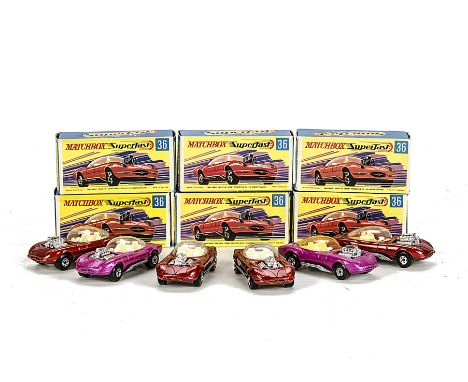 Matchbox Superfast MB-36B Draguar, six examples, variations include metallic pink body, light yellow interior, clear windows,