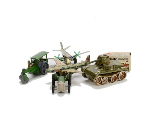 Tri-ang Minic Vehicles and other Tinplate Toys, Minic clockwork red Tractor, in original box, unboxed green Farm Tractor and 
