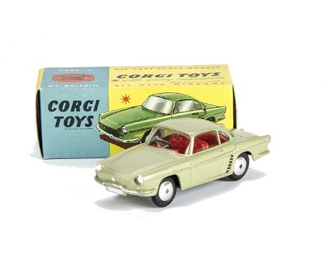 A Corgi Toys 222 Renault Floride, olive green body, red interior, smooth hubs, in original box, E, box VG-E