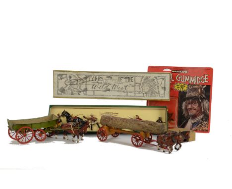 Britains boxed Home Farm Series set 5F Farm Waggon, Worzel Gummidge carded set, Wild West figures in Types of the Wild West b