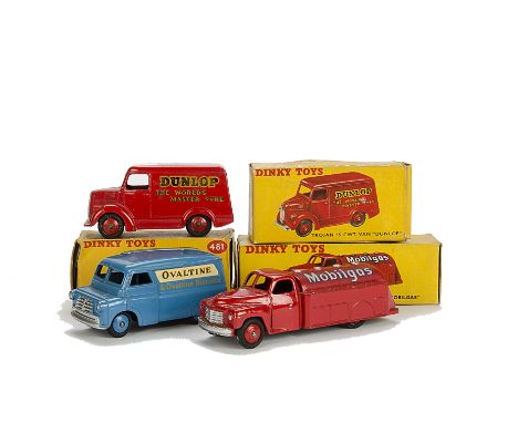 Dinky Toys Small Commercials, 481 Bedford ‘Ovaltine’ Van, 451 Trojan ‘Dunlop’ Van, 440 ‘Mobilgas’ Petrol Tanker, in original 