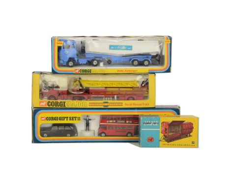 A Corgi Toys Gift Set 11, comprising Routemaster Bus, Morris Mini-Minor, Austin Taxi and Policeman, 1161 ARAL Tanker, 1143 Ae