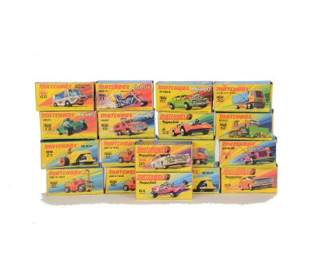 Matchbox Superfast Empty Type H & I Boxes, including 1 Mod Rod, 54 Capri, 21 Rod Roller, 71 Jumbo Jet, 12 Big Bull, 16 Badger