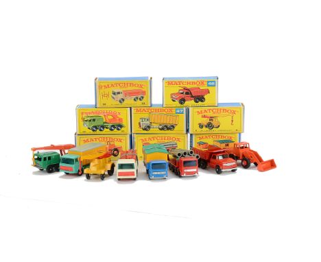 Late Issue Matchbox Lesney 1-75 Series Construction Vehicles, 60b Site Hut Truck, 58c DAF Girder Truck, 48c Dodge Dumper Truc