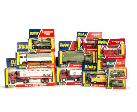 1970s Dinky Toys Commercial & Military Vehicles, 289 Routemaster Bus (7), 667 Armoured Patrol Car (2), 690 Scorpion Tank, 940