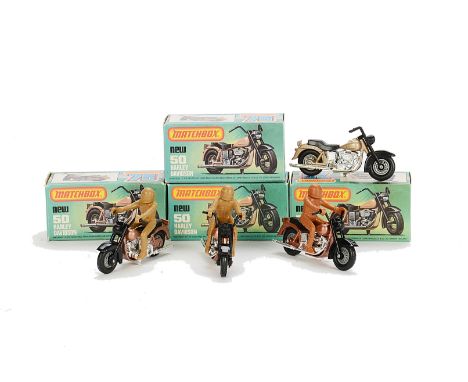 Matchbox Superfast MB-50D Harley-Davidson Motorcycle, four examples, variations include dark metallic tan body, brown rider, 