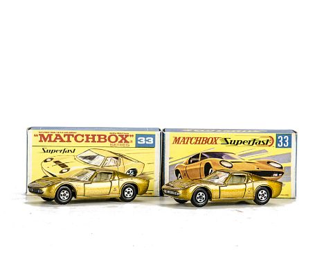 Matchbox Superfast MB-33A Lamborghini Miura, two examples, first dark gold body, ivory interior, unpainted base, second light
